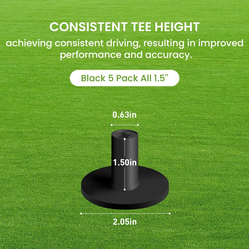 FINGER TEN Golf Rubber Tee Driving Range Value 5 Pack All 1.5'' for Indoor Outdoor Practice Mat, Tee Adaptor Black Tee Holder Set for Hitting Mats (Black 5 Pack All 1.5'') - Image 2